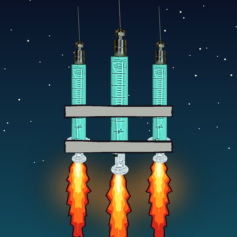 Three syringes taped together, firing like a rocket stack in a night sky.