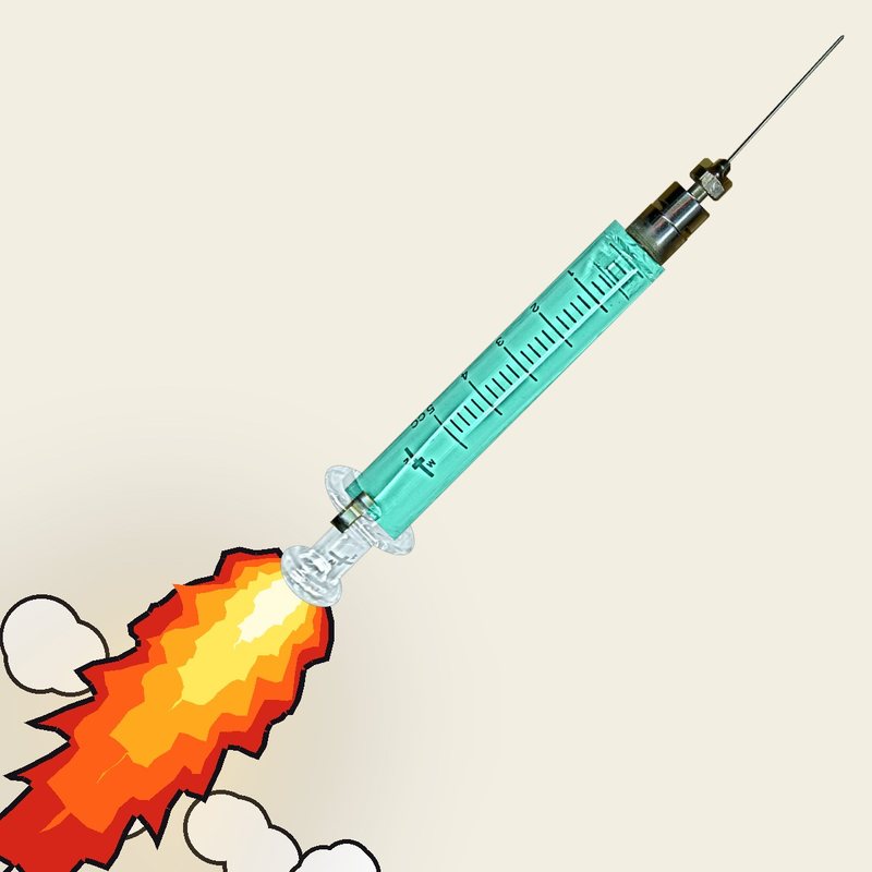 Glass syringe flying like a rocket, hand-drawn flame out of the plunger.
